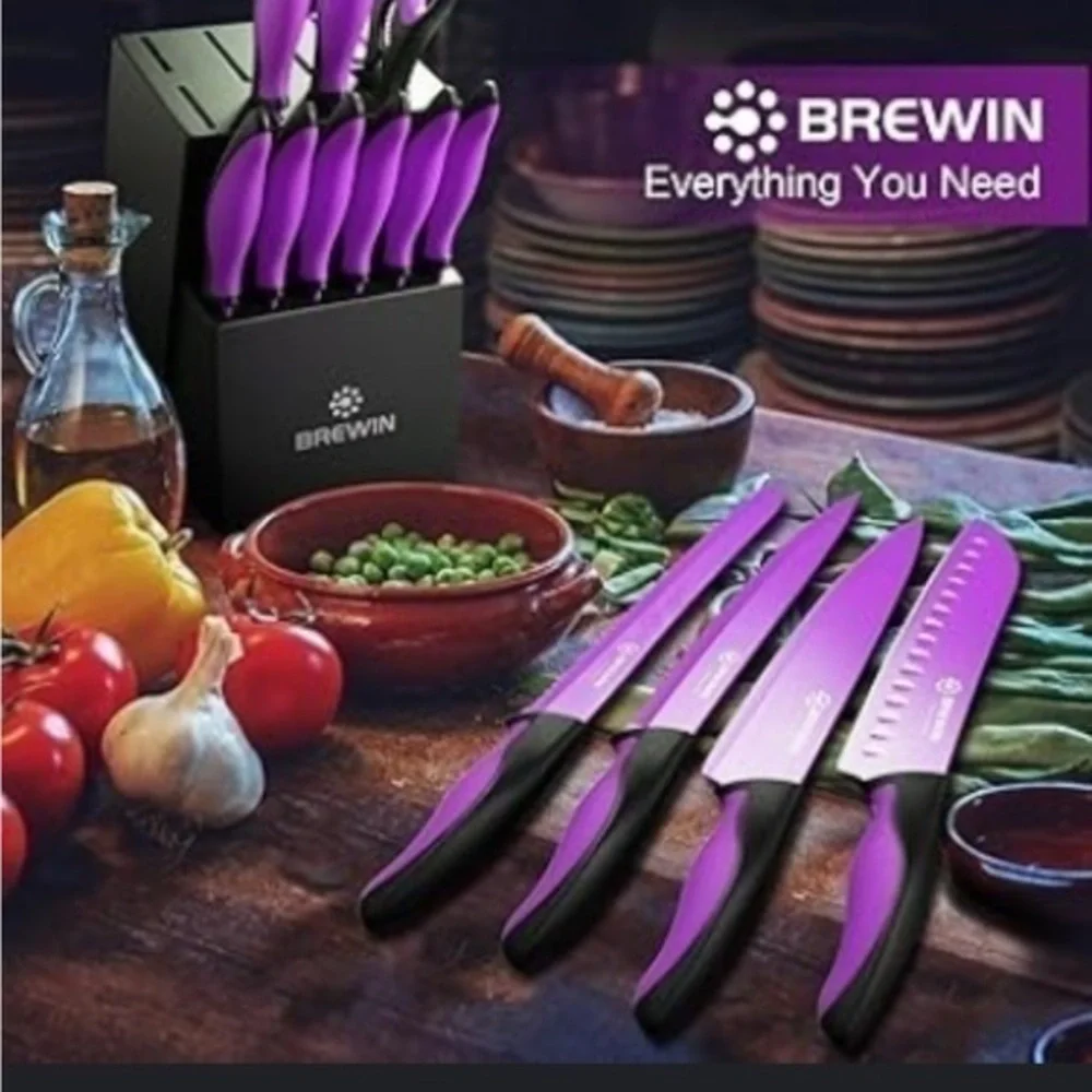 Brewin 14 piece all in one kitchen knife set purple premium stainless steel new